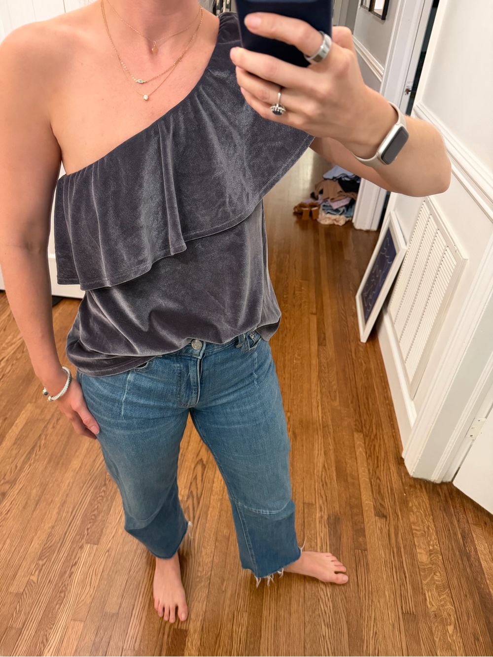 Ten Sixty Sherman One-Shoulder Velvet Ruffle Top in Charcoal
